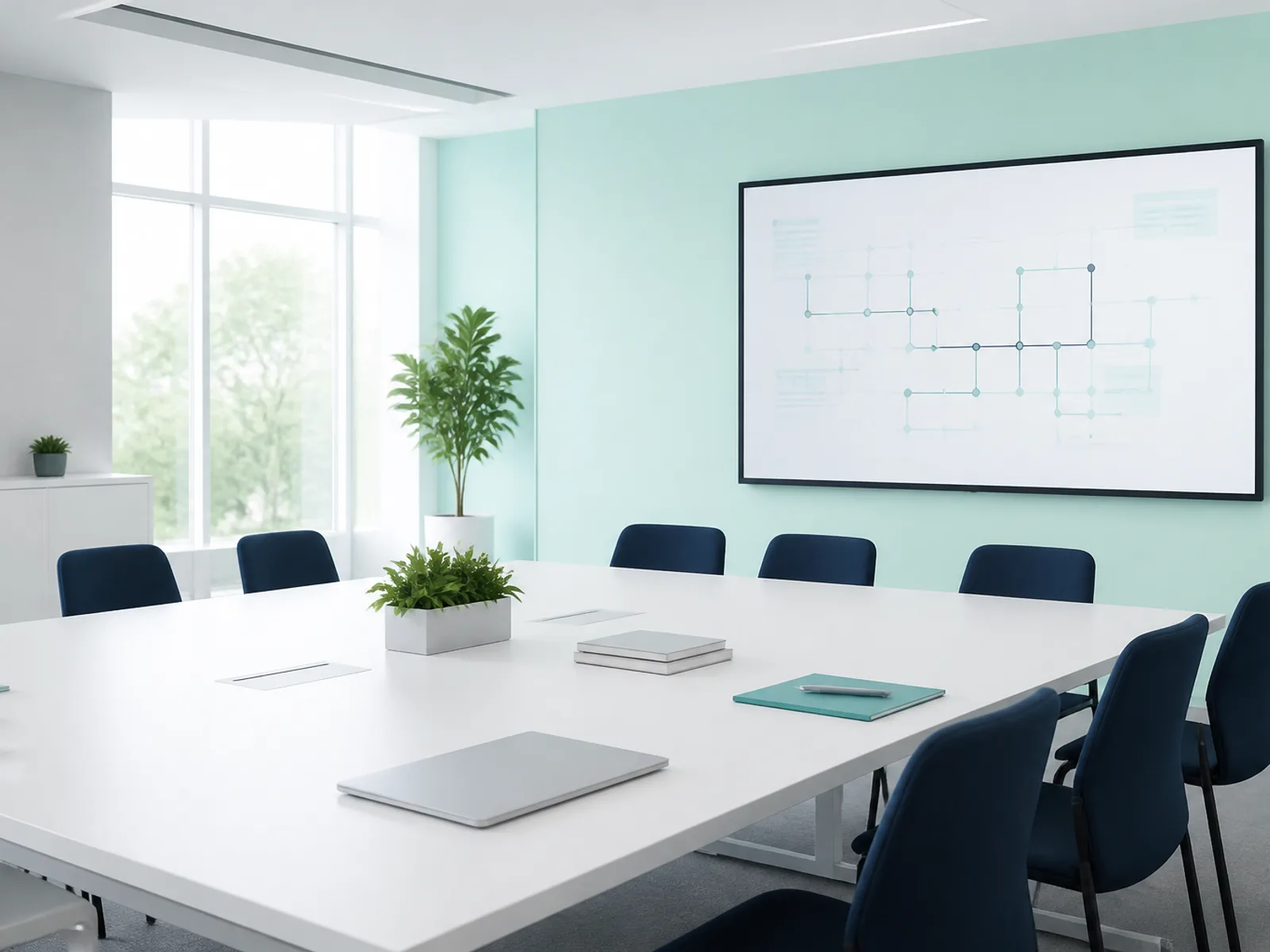 An empty practice studio — white table, navy chairs, a system map on the wall.