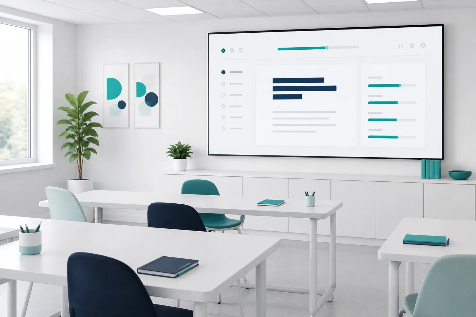 An empty learning studio with a light-mode lesson display.