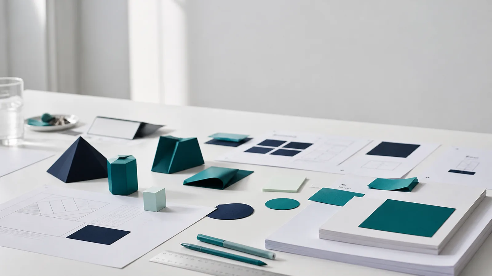 Paper geometry, teal markers, and a metal ruler on a white design desk.