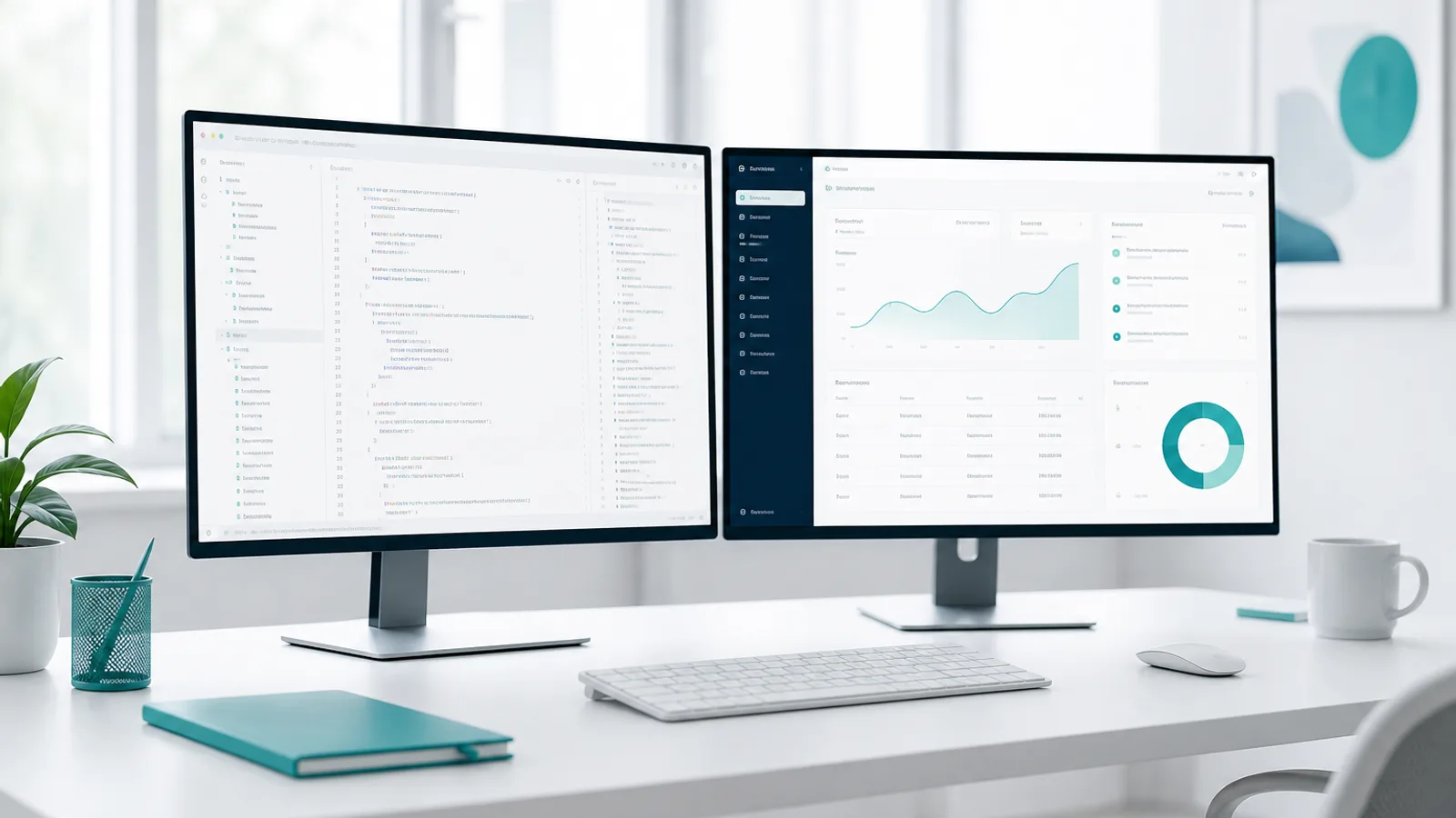 A bright developer desk with light-mode code and product UI.