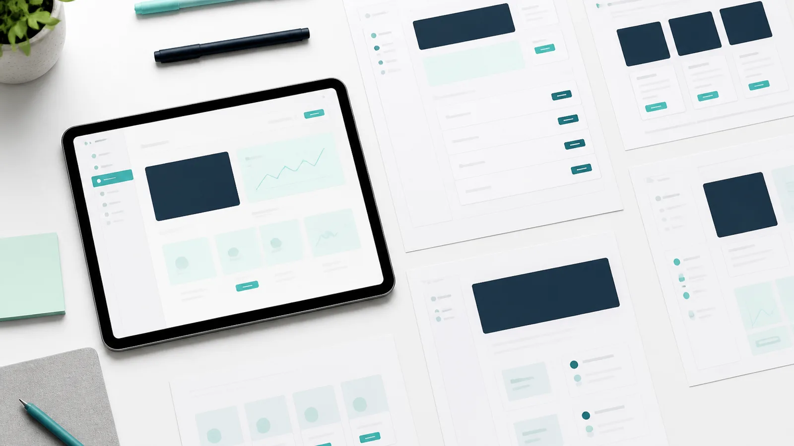 Light-mode interface frames on a white design desk.
