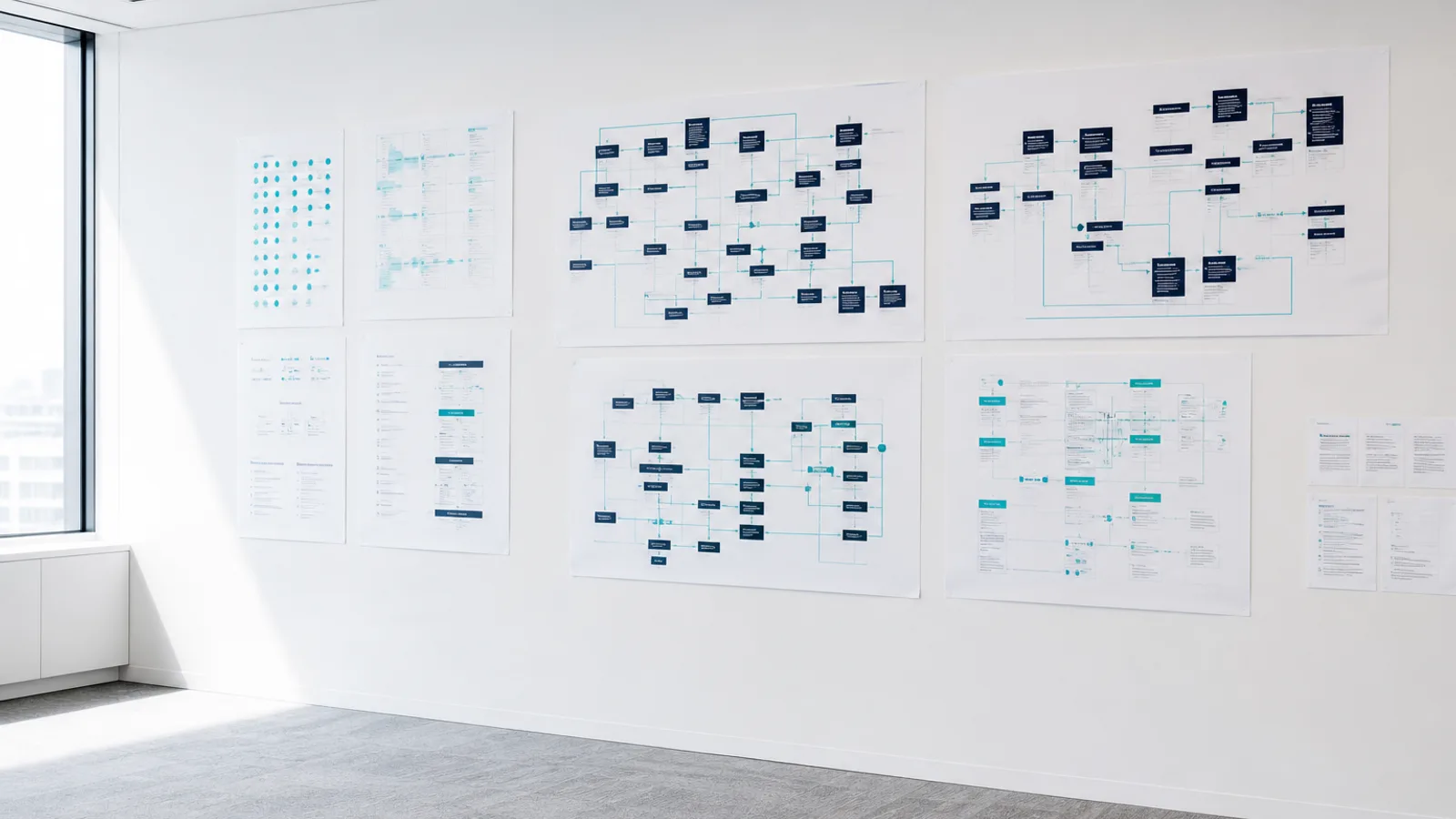 Navy and teal system maps on a white discovery wall.