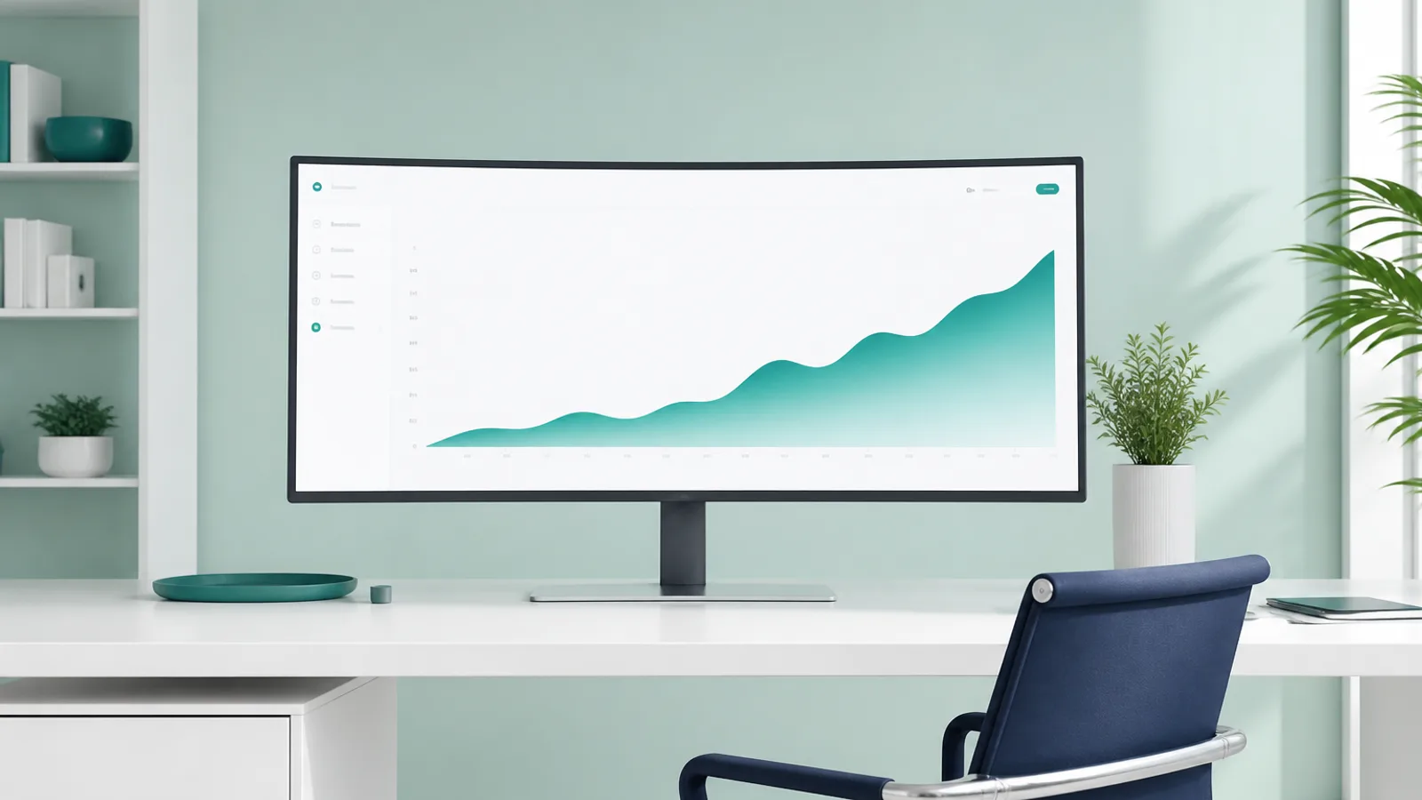 A rising teal trend on a light-mode product view in a mint studio.