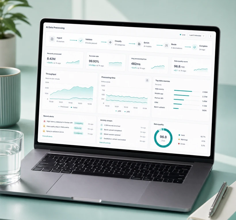 AI data processing and reporting — ingestion, analysis, dashboards, and alerts.