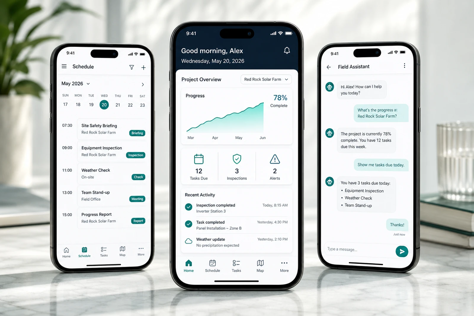 Three phones with a field app — schedule, dashboard, and assistant in navy and teal.